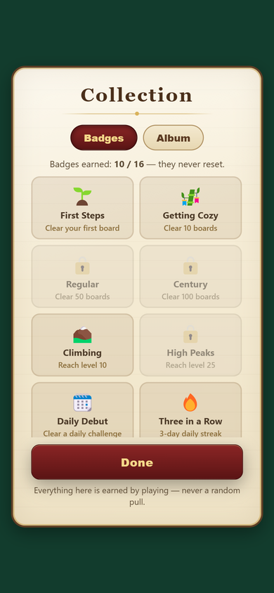 The Collection screen on its Badges tab: First Steps, Getting Cozy and Climbing earned, Regular, Century and High Peaks locked, with a count of badges earned out of 16
