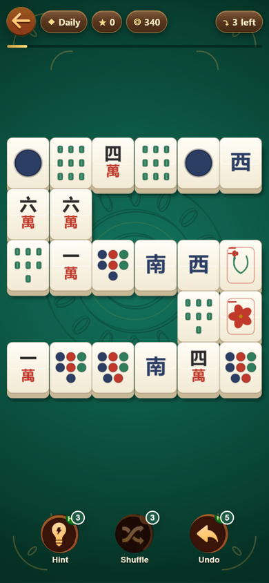 The daily challenge in progress on a phone: a small board of ivory tiles on green felt, with the Daily label at the top and the Hint, Shuffle and Undo buttons below