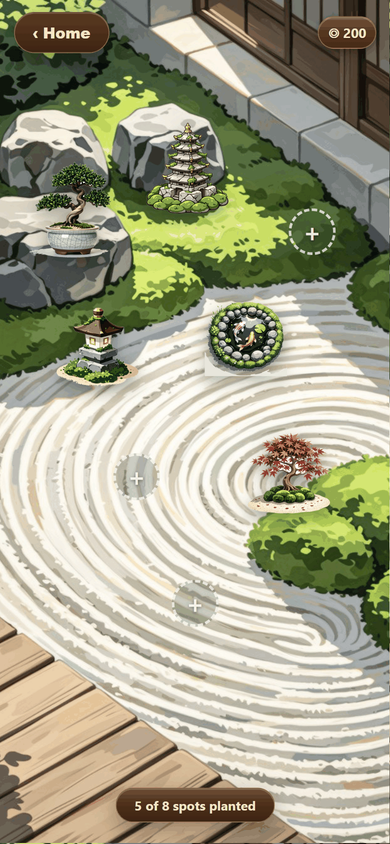 The zen garden with 5 of 8 spots planted: a stone pagoda, a bonsai, a stone lantern, a koi pond and a red maple on moss and raked sand, with three empty plots marked by dashed circles