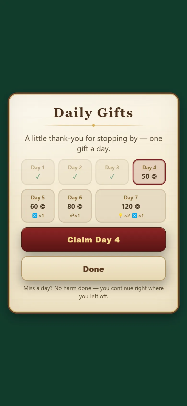 Daily Gifts, the 7-day calendar