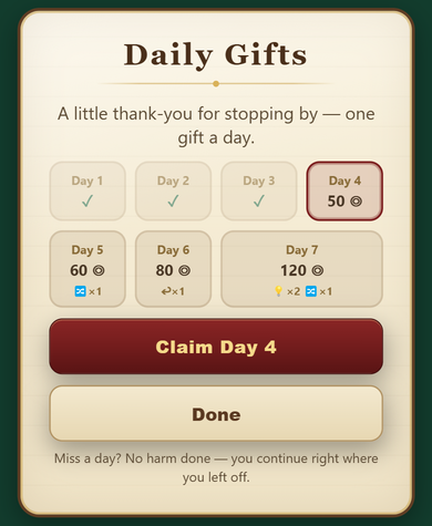 The Daily Gifts card: a seven-day calendar with days 1 to 3 ticked off, Day 4 highlighted at 50 coins, and a Claim Day 4 button below