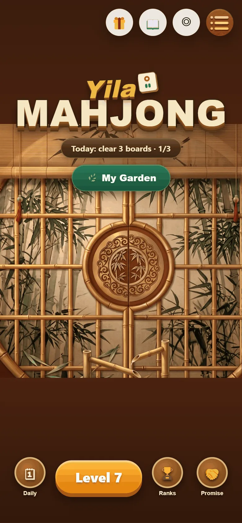 Home screen with the bamboo door, the daily goal pill and the Level button
