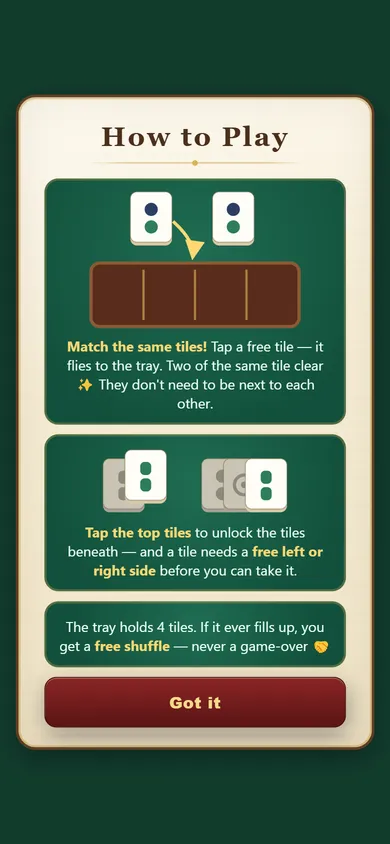 The in-game How to Play screen: two matching tiles fly into a wooden tray, and the top tiles unlock the tiles beneath
