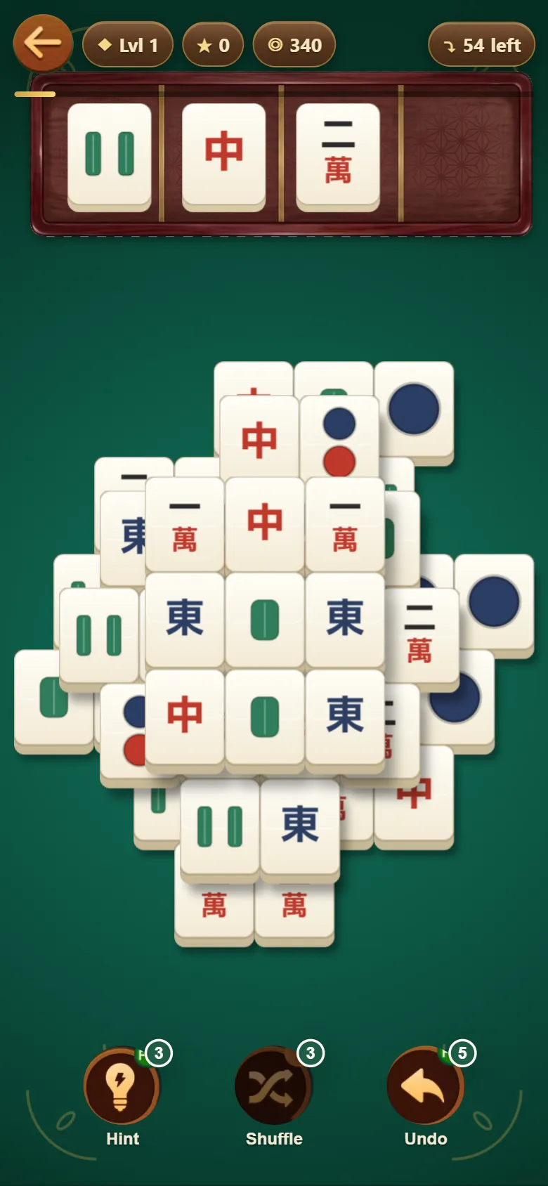 Level 1 in tray mode, three tiles in the tray
