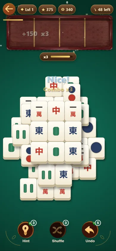 Tray mode in Yila Mahjong: an empty wooden tray after a match, with a x3 combo meter beneath it
