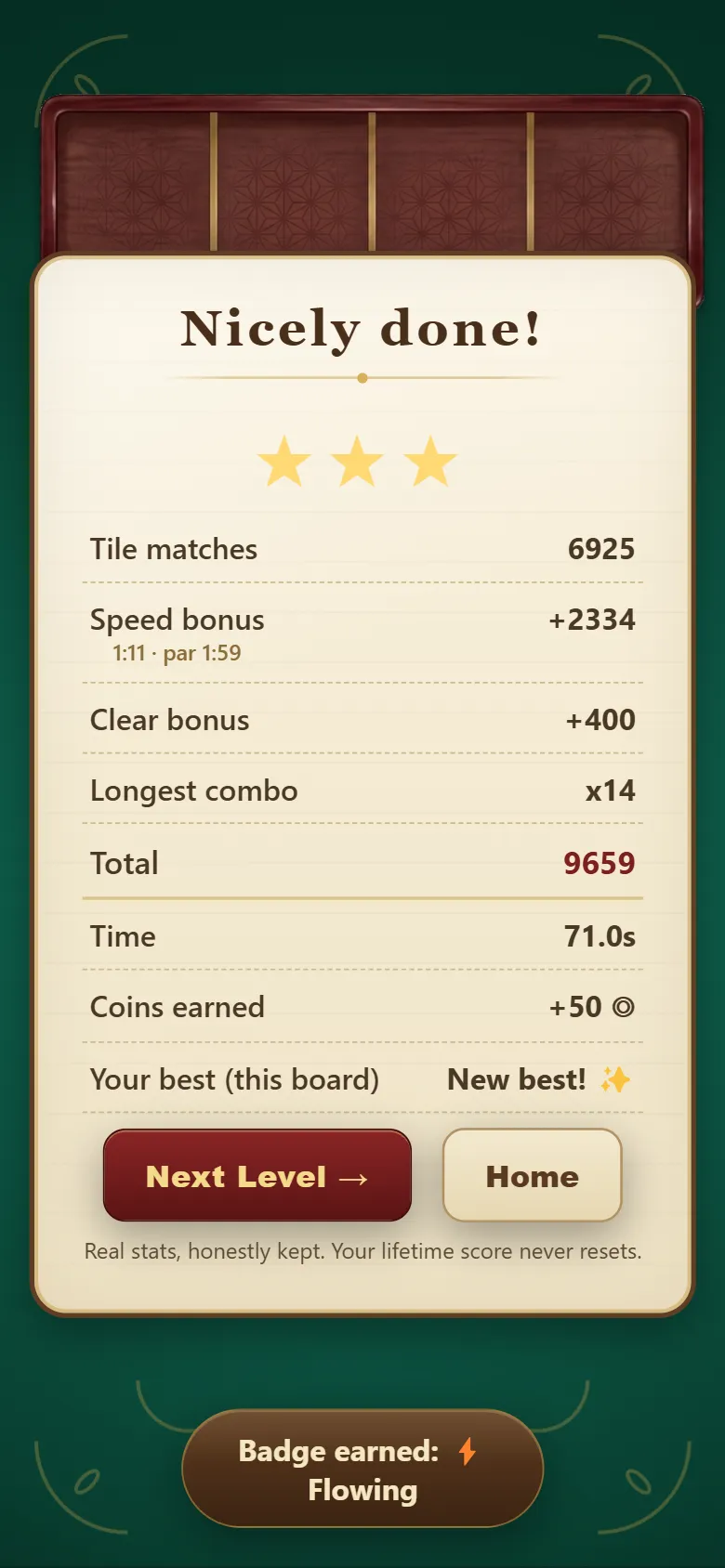 Win card with three stars and the score breakdown