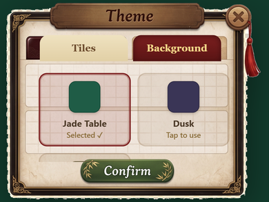 The Theme screen on the Background tab, showing the Jade Table choice, selected, and the Dusk choice