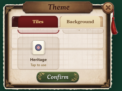 The Theme screen scrolled to the Heritage tile face choice, with a small blue and red medallion tile