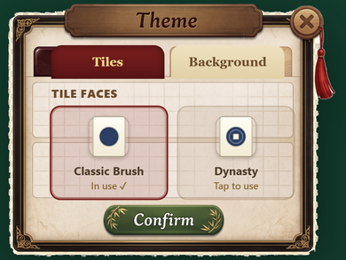The Theme screen on the Tiles tab, showing the Tile faces choices Classic Brush, marked in use, and Dynasty