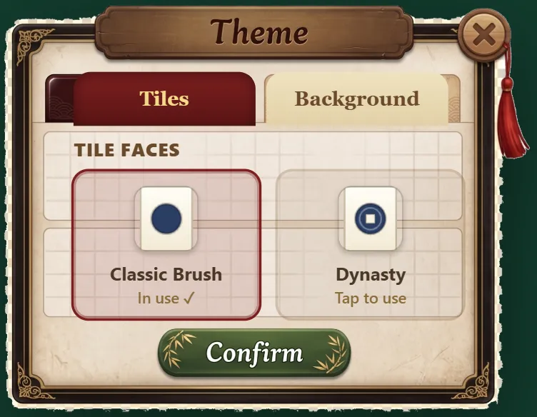 The game's Theme screen offering the Classic Brush and Dynasty tile faces