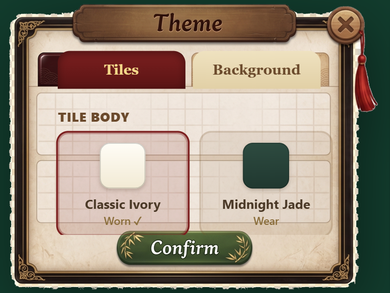 The Theme screen on the Tiles tab, showing the Tile body choices Classic Ivory, worn, and Midnight Jade